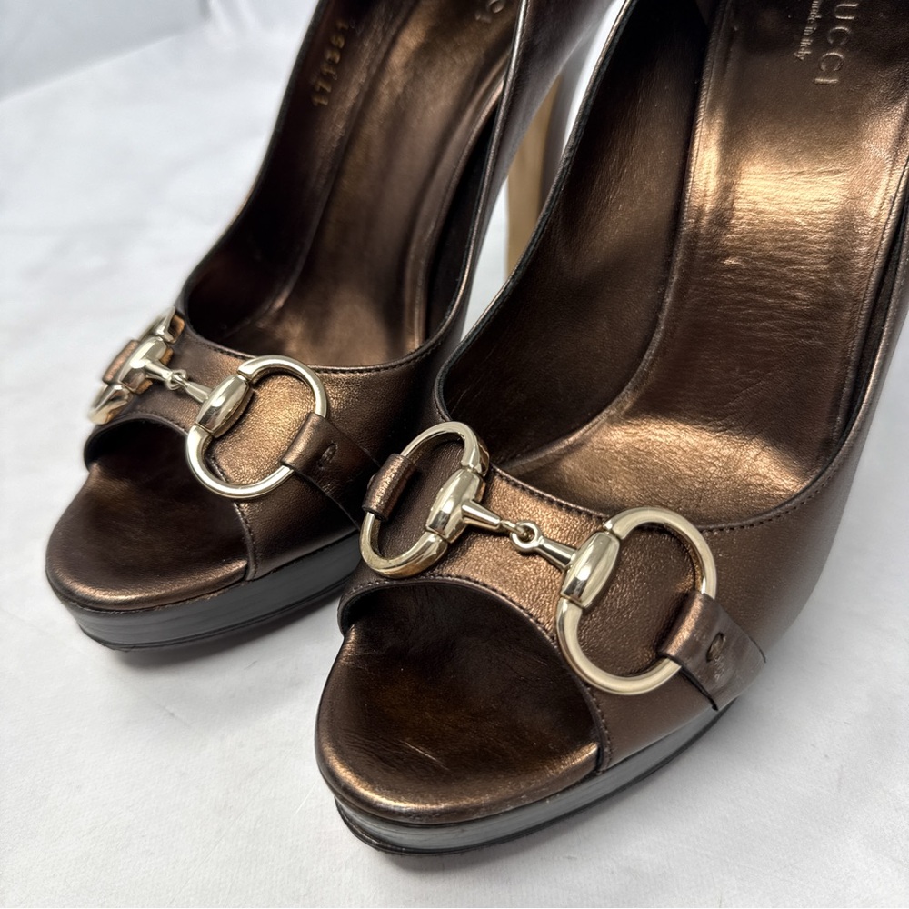 GUCCI Vintage Y2K Hollywood Horsebit Metallic Leather Platform Pump Heels Bronze - Picture 4 of 16